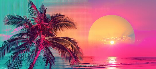 Palm trees against big sun on island background in sunset. Retro style