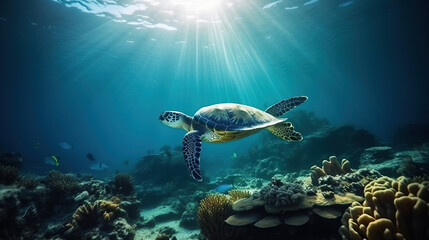 Underwater view of the coral reef with turtle and school of fish with light flare. Life in the deep ocean.