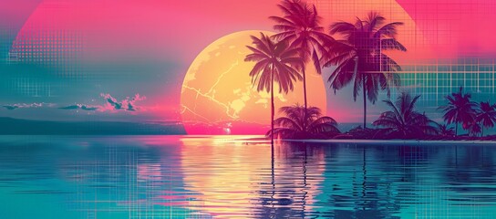 Palm trees against big sun on island background in sunset. Retro style