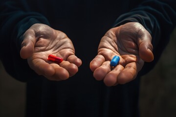 Two pills, one red and one blue, are being held in a person's hands.