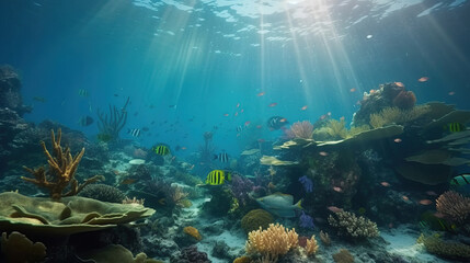 Underwater view of the coral reef and school of fish with light flare. Life in the deep ocean.