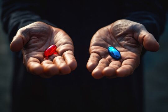 Two pills, one red and one blue, are being held in a person's hands. Concept of curiosity and wonder, as the viewer is left to wonder what the pills are for and what their purpose might be