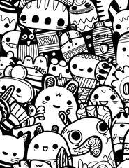 A black and white drawing of many different cartoon characters