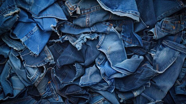 A pile of blue denim fabric with a variety of textures and patterns.