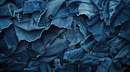 A pile of blue denim fabric with a variety of textures and patterns.