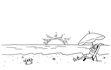 海辺でくつろぐ人の風景の線画イラスト　白黒