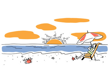 海辺でくつろぐ人の風景の線画イラスト　色付き