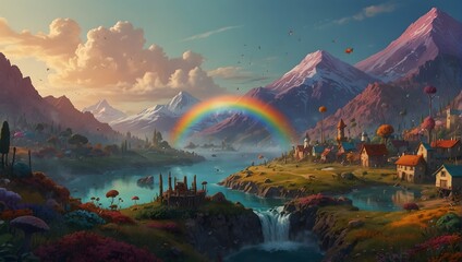 A whimsical, rainbow-hued world populated by quirky, animated creatures ai_generated