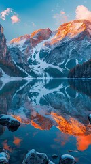 Majestic mountains with a mirror lake reflecting the snowcapped peaks at dawn