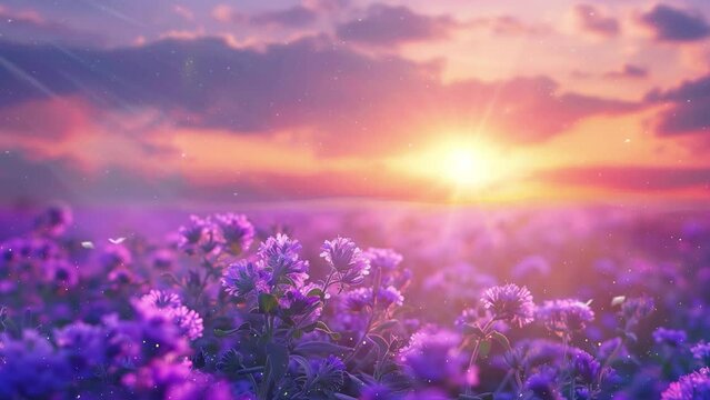 phacelia flowers field and purple sunset sky background. seamless looping overlay 4k virtual video animation background