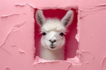 Fototapeta premium Spring White Llama peeking through a hole on Pastel pink paper wall with copy space. Generative AI