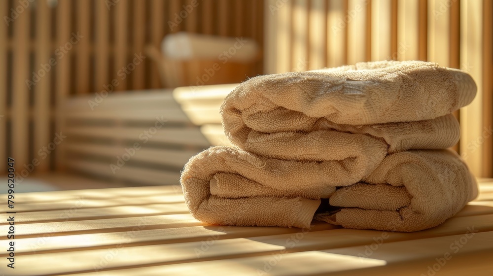 Poster in the corner of the sauna a stack of warm towels awaits the next new mother to wrap herself in afte