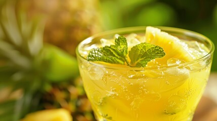A refreshing pineapple and mint mocktail is served in a fancy glass adding an elegant touch to the movie night. - obrazy, fototapety, plakaty
