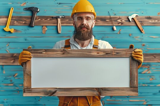 A man wearing a hard hat and safety glasses in a yellow vest holding a blank piece of wood, free space for text
