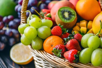 Clean food photography and close up of healthy fruits on a basketin a nature, there are appels, grapes, lemons, orange