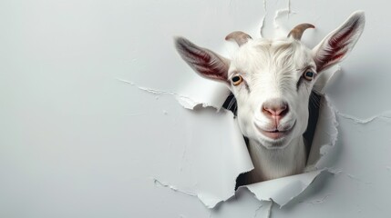 Photo of a goat head coming out of a torn paper wall with holes, with copy space on a white wall.	