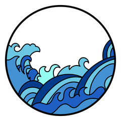 Picture frame, circle, decorated with sea waves, blue water
