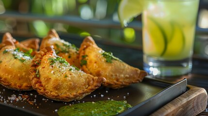 A tray of y vegan empanadas paired with a refreshing cucumber and melon mocktail with a sprinkle of chili salt on the rim. - obrazy, fototapety, plakaty