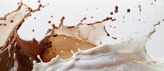 Capturing a detailed view of a splash of delicious chocolate against a plain white backdrop, showcasing its texture and richness