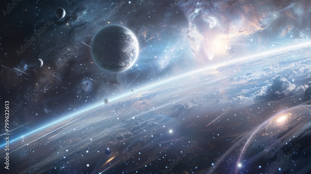 Poster as a traveler gazes out upon the endless expanse of space they are awestruck by the vast array of st