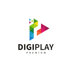 Digital play logo design with triangle pixel illustration