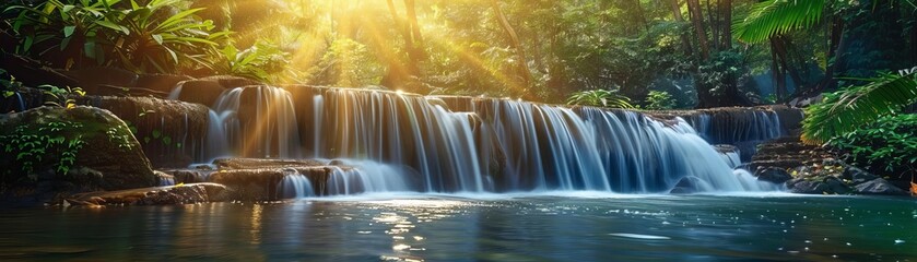Cascading waterfall in a tropical rainforest with sunbeams piercing through the foliage