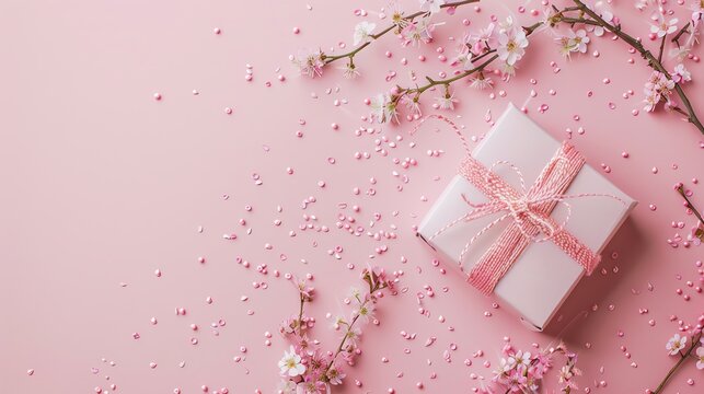 Pink Gift box, Spring flower, clean composition, product photography, free space left background 