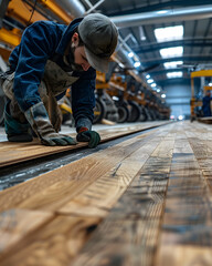 Tradesman engineering hardwood planks on wooden factory floor