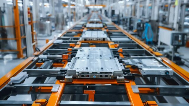 Rows of electric vehicle battery packs move along an automated conveyor system in a modern, high-tech factory. 