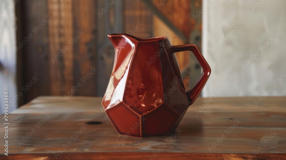 Poster A sculptural pitcher with a geometric handle glazed in a rich burgundy color and designed for pouring beverages with ease..