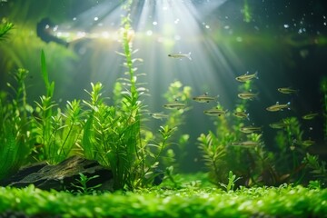 Naklejka premium Freshwater planted aquarium (aquascape) with live plants