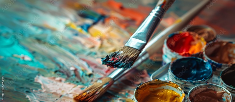 Poster a wooden table is adorned with a paintbrush resting on a blob of colorful paint, ready for artistic 