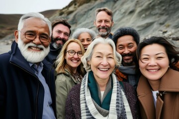 Group of diverse senior friends standing together on a beach smiling at the camera