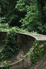 The raw beauty of an abandoned skate park reclaimed by nature, with ivy-covered halfpipes and mossy concrete ledges, Generative AI