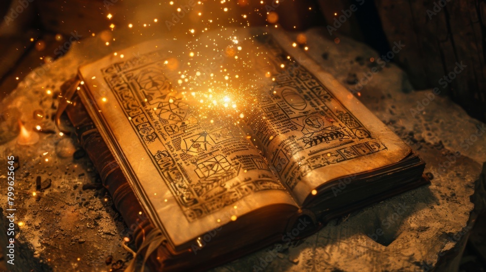 Poster on a stone altar a book bound in leather and embossed with elaborate symbols lies open its pages fil