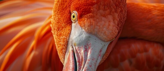 A close-up image of a flamingo with its head gracefully turned, showcasing the elegant curve of its neck and colorful feathers