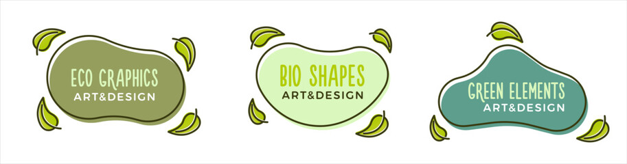 Set of trendy bio eco green fluid shapes. Vector geometric vegan liquid form elements. Modern abstract banner design with plant leaves. Text template