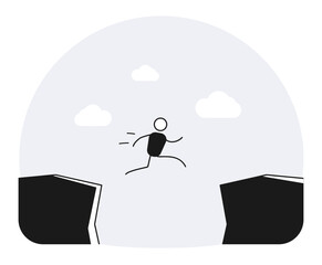 Character jumping leap between mountain obstacles. Vector illustration for success, courage and motivation