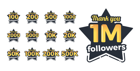 Collection of thank you followers star shapes with follower numbers. Vector graphic design elements for social media achievement celebration