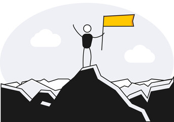 Person character reach mountain peak with flag on top. Vector illustration for success, goal, leadership, inspiration, overcoming challenges