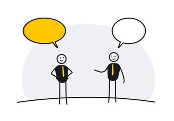 Two businessman character persons talking with happy face smile and speech bubbles. Vector illustration. Communication, speaking, conversation