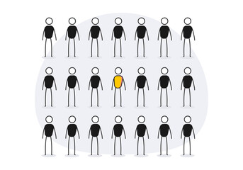 Person standing out from the crowd. Vector illustration of a unique different individual amongst others
