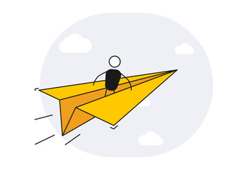 Character on a paper airplane flying in the sky. Vector illustration. Plane symbolizing vision, freedom, business success and leadership