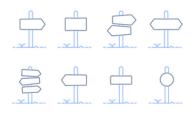 Sign posts vector thin line icons. Road signboards pointing to different directions. Empty blank outline