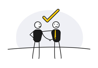 Handshake between two characters. Vector illustration. Businessman deal agreement with checkmark. Smiling and satisfied
