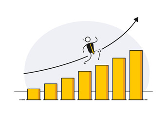 Businessman character climbing the ladder graph. Vector illustration. Personal, business, financial growth with bars and arrow