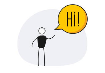 Character waving and saying Hi. Vector welcoming illustration with person and speech bubble