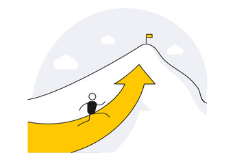 Character climbing the mountain with arrow pointing to flag at the top. Vector illustration. Success, achievement, ambition, goal, motivation to reaching the peak
