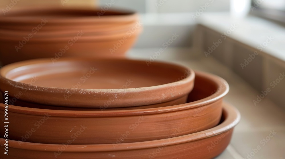Poster a set of nesting clay baking dishes with the smallest one fitting perfectly into the largest one for