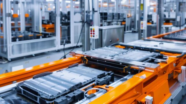 Rows of electric vehicle battery packs move along an automated conveyor system in a modern, high-tech factory. 